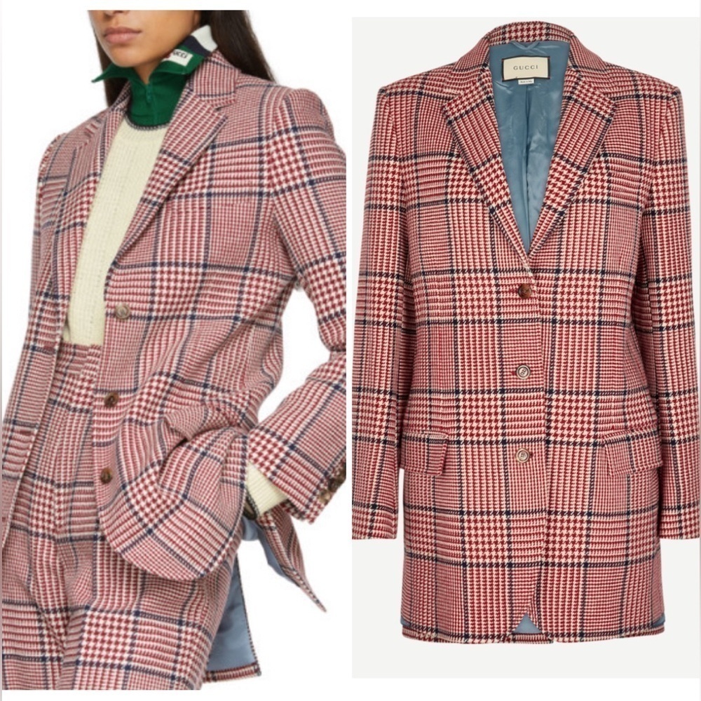 Gucci women Prince of wales red blue plaid wool blend checkered blazer jacket